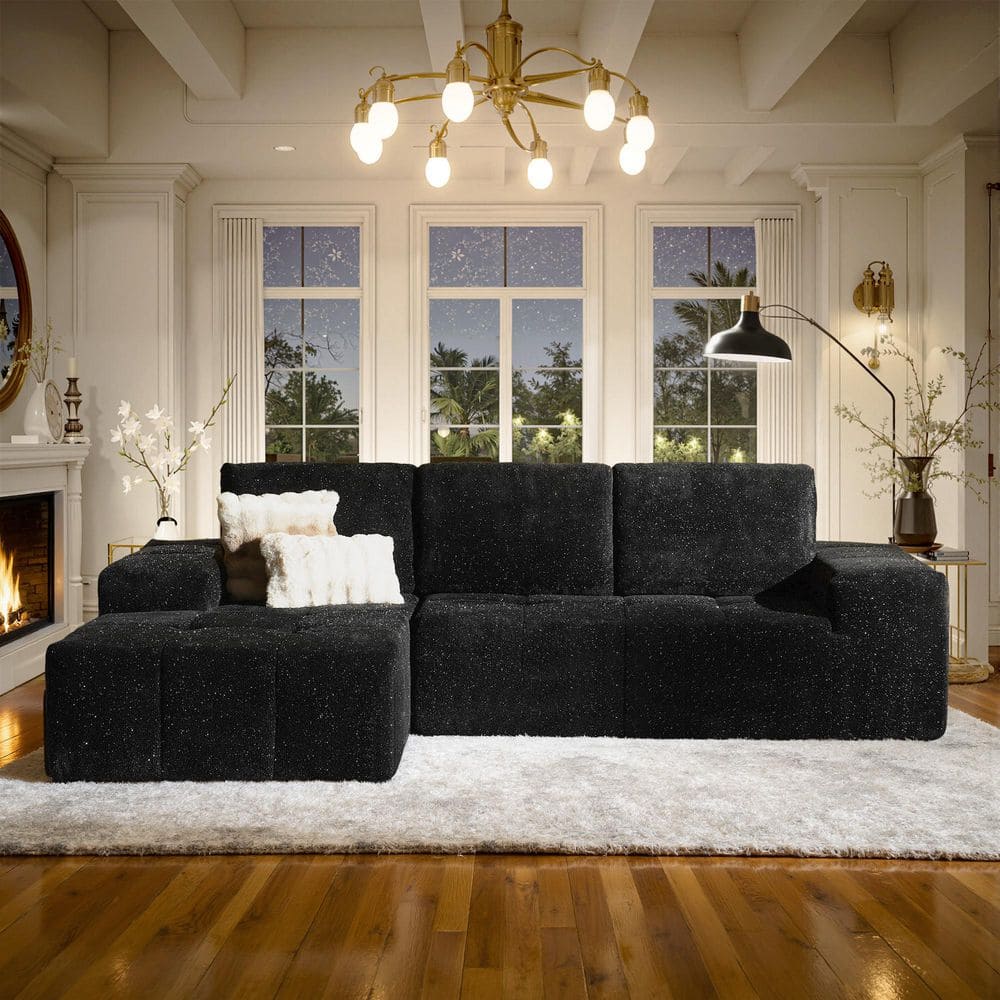 KALE 114 in. Wide Arm 2-Piece Modern Lurex Shimmer Velvet L-Shape Modular Sectional Sofa in Black with Left Chaise price history on PriceWatchPro