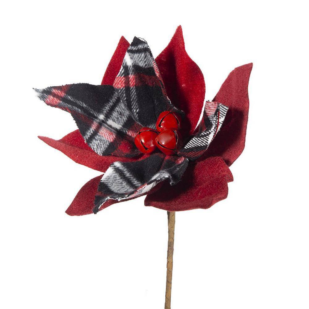 Set of 12 Red and Black Plaid Poinsettia Stems