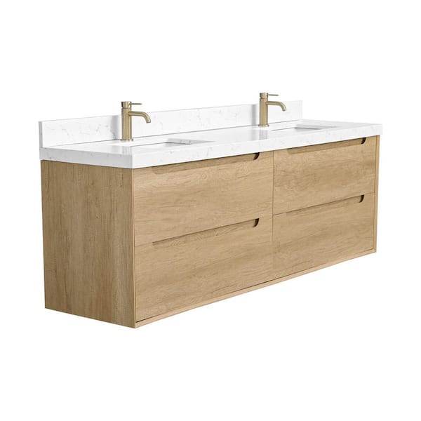 AuroraSky 72 in. Double Sink Floating Bath Vanity in Natural Oak with White Engineered Stone Top (Assembled)