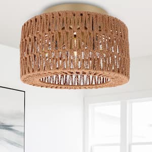 11.8 in. 3-Light Gold Flush Mount Ceiling Light with Hand-Woven Rattan Cage Shade for Hallway Bedroom