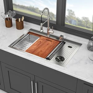 33 in. Drop-in Single Bowl 16 Gauge Brushed Nickel Stainless Steel Kitchen Sink with Workstation