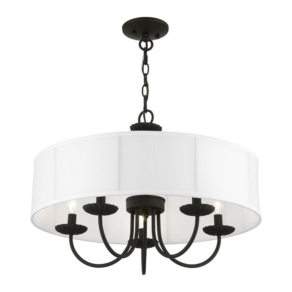 Brookdale Black Steel 5-Light Drum Pendant with Off-White Shade