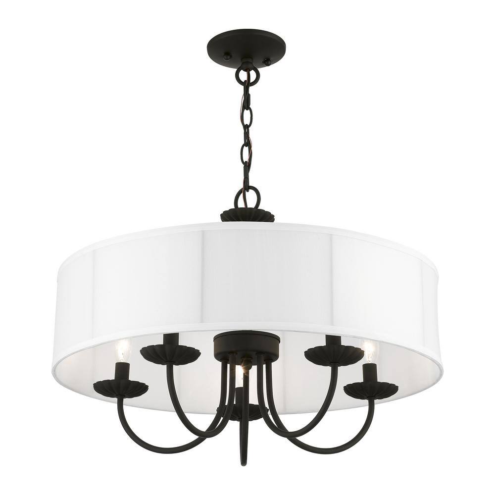 Brookdale Black Steel 5-Light Drum Pendant with Off-White Shade