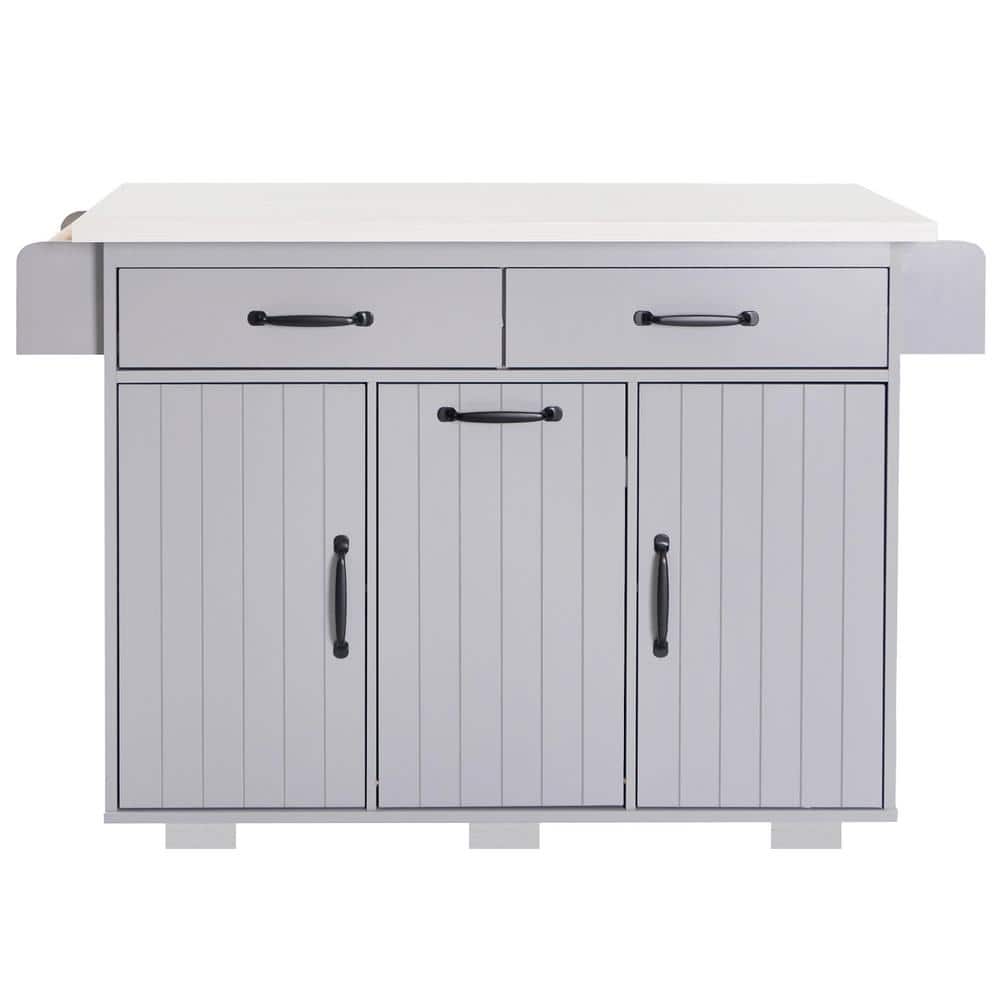 Gray Wood 51.06 in. Kitchen Island with Adjustable Shelf, Drop Leaf, Spice 
