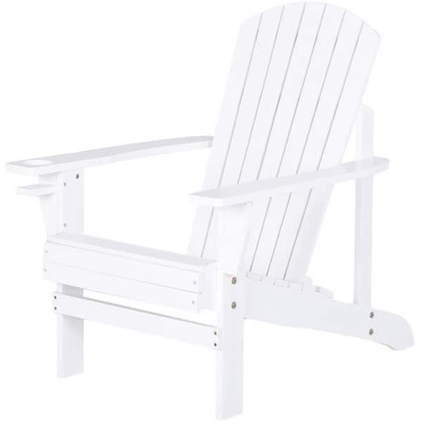 White Wood Adirondack Chair, Outdoor Patio Lawn Chair with Cup Holder, Weather Resistant Lawn Furniture, Classic Lounge