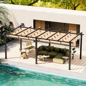 10 ft. x 20 ft. Aluminum Retractable Pergola, with Adjustable Sun-Proof Canopy for Garden, Patio, Beige