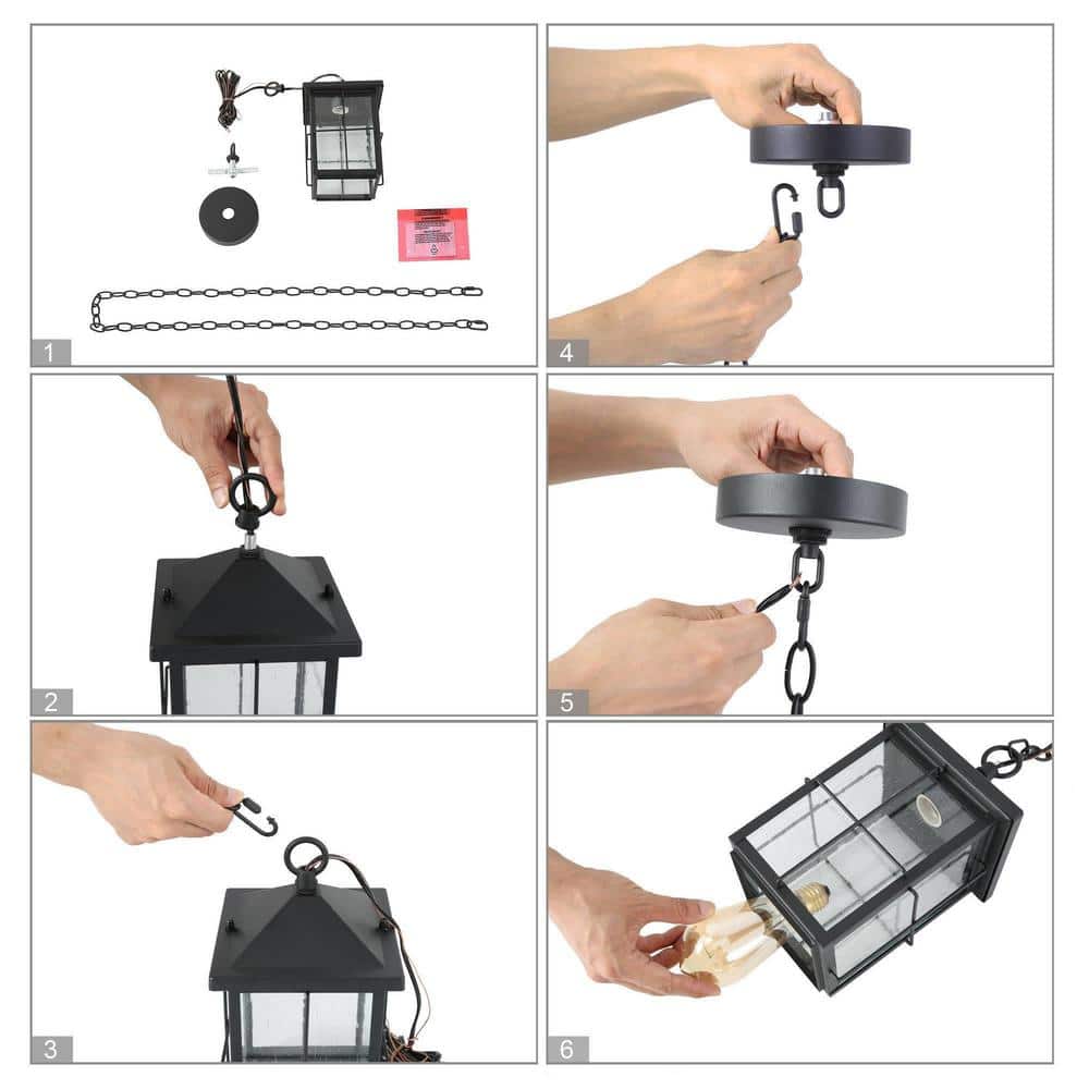 Matte Black Seeded Glass 1-Light Outdoor Pendant Lantern
