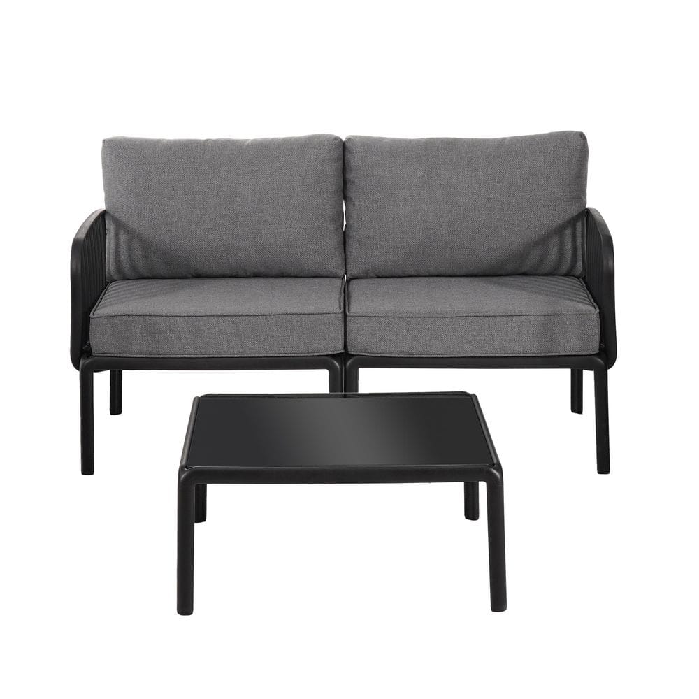 Black Composite Outdoor Sectional Set with Gray Waterproof Cushions with Co