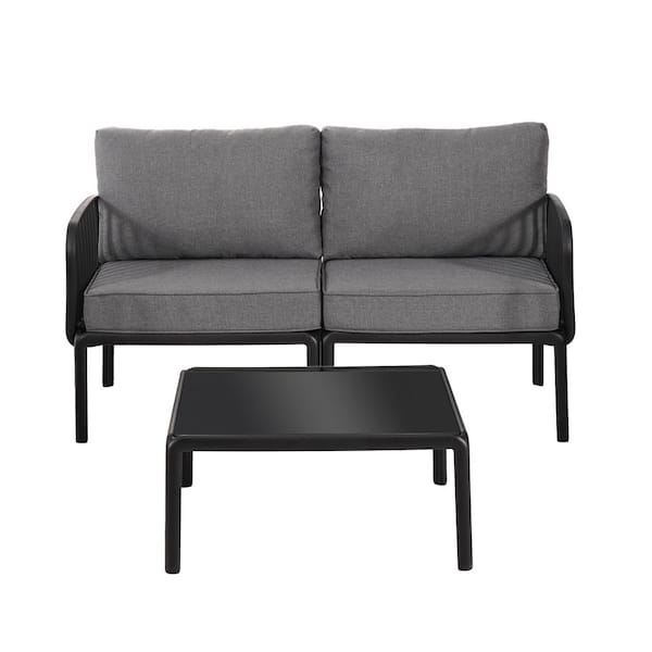 Unbranded Black Composite Outdoor Sectional Set with Gray Waterproof Cushions with Coffee Table for Porch, Balcony, Patio