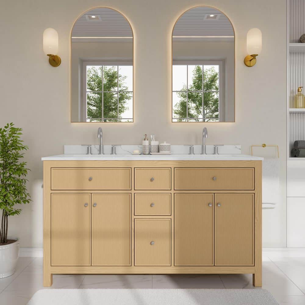 Pendry 60 in. Double Freestanding Tanned Oak Bath Vanity with Giotto Quartz Top Assembled price history on PriceWatchPro