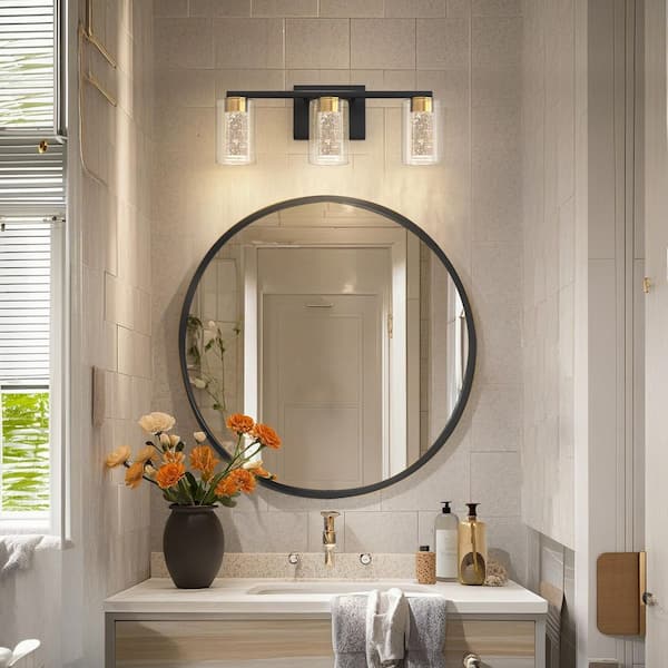 18 in. 3-Light Black and Gold Integrated LED Bathroom Vanity Light with Clear Glass Shades 3 Color Temperatures