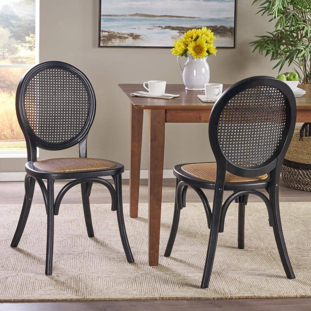 Matte Black Wood and Cane Low Back Side Chair Set