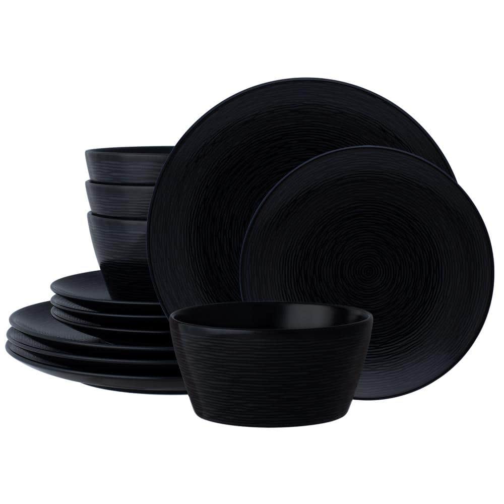 Black Porcelain 12-Piece Swirl Coupe Dinnerware Set
