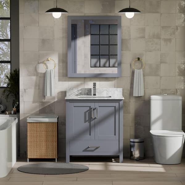 Jacques 30 in. W x 22 in. D Dark Grey Bath Vanity, Carrara Marble Top, and 28 in. Mirror