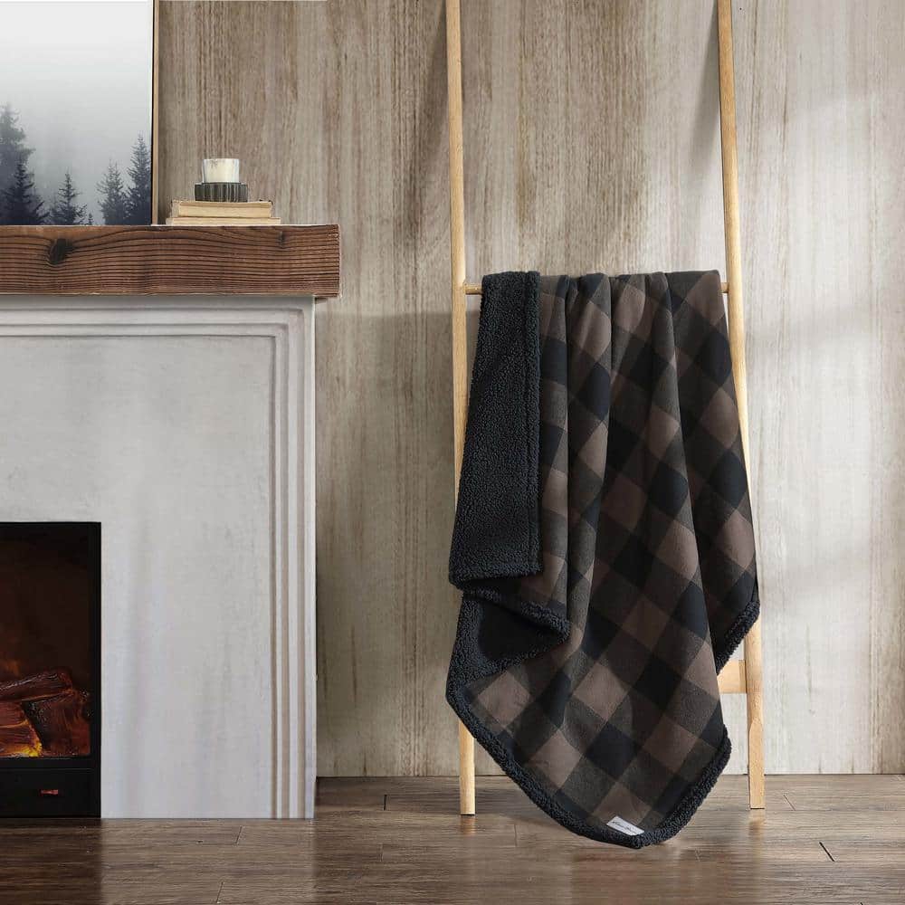 Brown Plaid Reversible Sherpa Cotton Throw Blanket