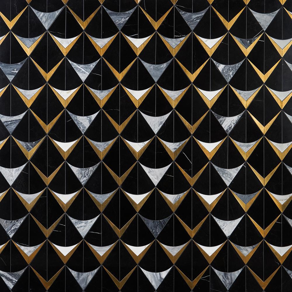 Larvotto Black Marble and Brass Diamond Mosaic Wall Tile