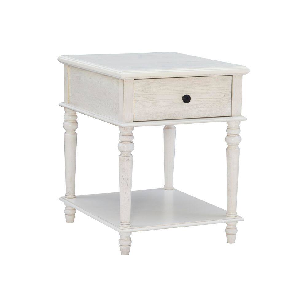 White rectangular wood end table with one drawer and a bottom shelf.