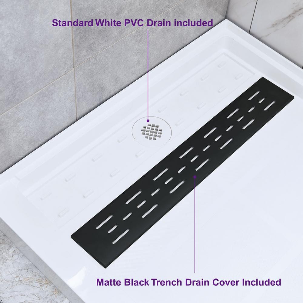 48" White Rectangular Shower Pan with Matte Black Drain Cover