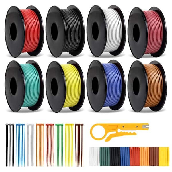 22 AWG 8-Color Silicone Tinned Copper Hook-Up Wire Kit, 16.5 ft Spools with Stripper and Accessories