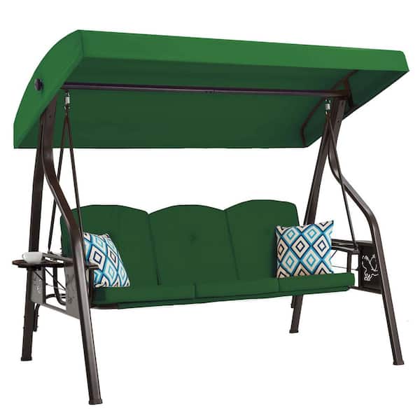 3-Person Black Metal Patio Swing with Green Cushions, Stand and Canopy 2 in 1 Swing Bed for Yard
