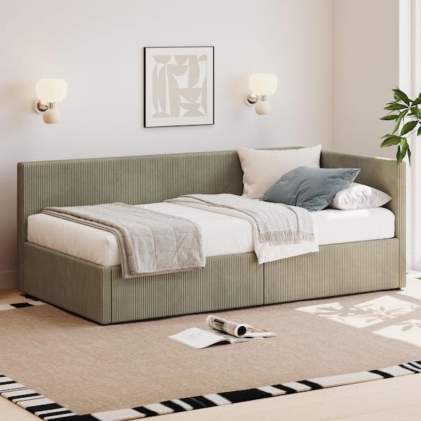 Nursing Green Corduroy Upholstered Twin Size Daybed with 2 Storage Drawers