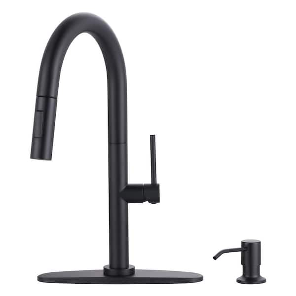 WOWOW 15.3 in. Single Handle Pull Down Sprayer Kitchen Faucet with Soap Dispenser and 360° Spout Swivel in Matte Black