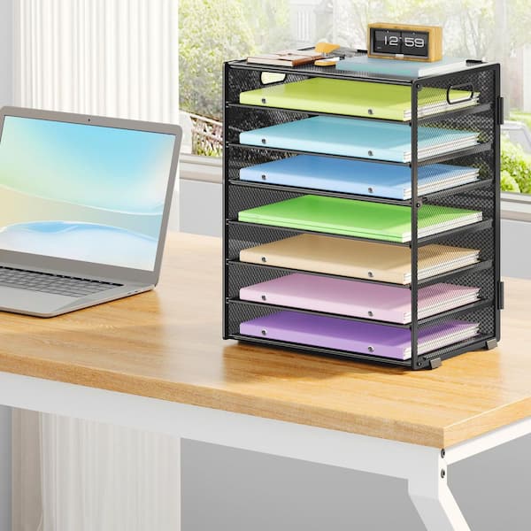 16.5 in. x 12.6 in. 8 Tier Paper Organizer with Handle, Metal Mesh Desk File Organizer, Desk Organizers, Black