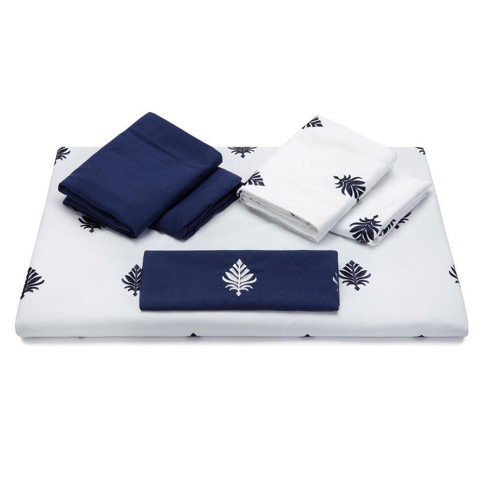 Navy and White Embroidered Microfiber Queen Duvet Cover Set