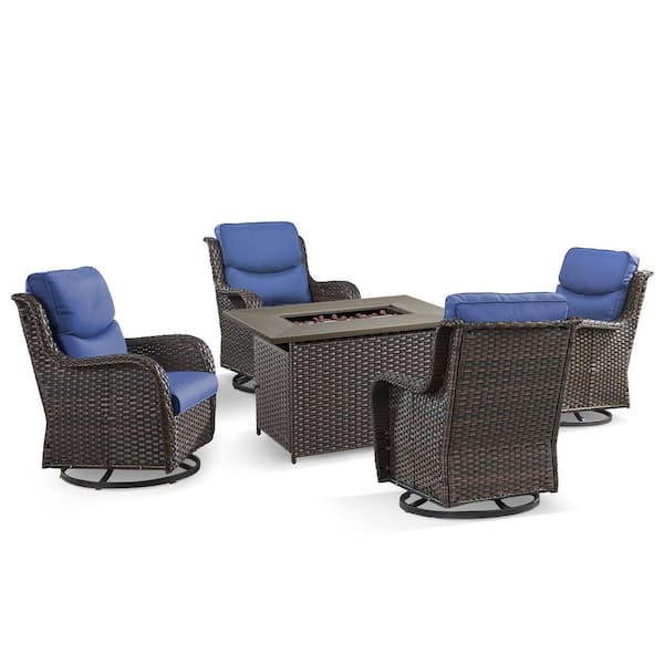 Quanxer Brown 5-Piece Wicker Patio Rectangle Fire Pit Conversation Set with Blue Cushions and Swivel Chairs