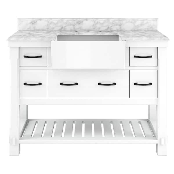 VANITYFUS Solid Oak 48 in. W x 21 in. D x 38.9 in. H Freestanding Bath Vanity in Traditional White with Carrara White Marble Top