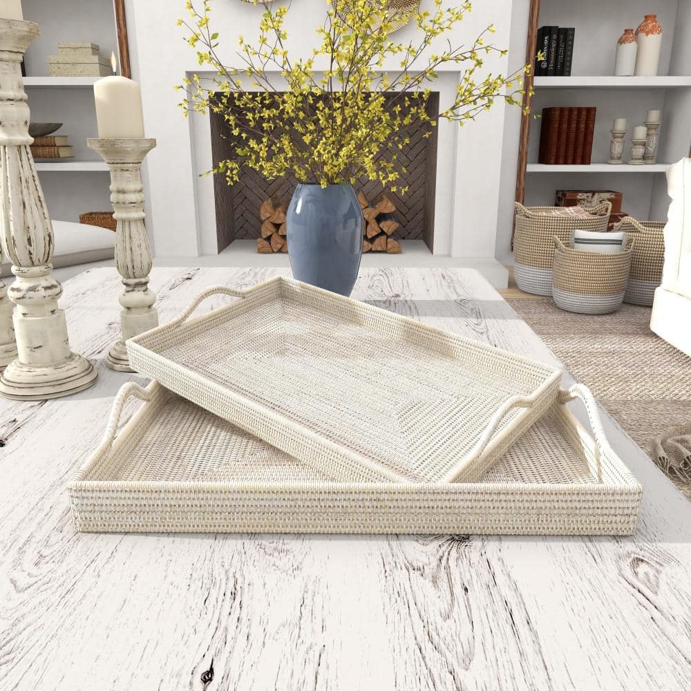 Cream Rectangular Rattan 2-Piece Decorative Tray Set