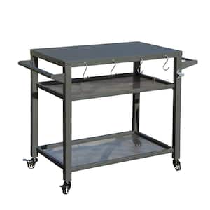 3 Mesh Outdoor Grill Cart Table with Galvanized Steel Tabletop
