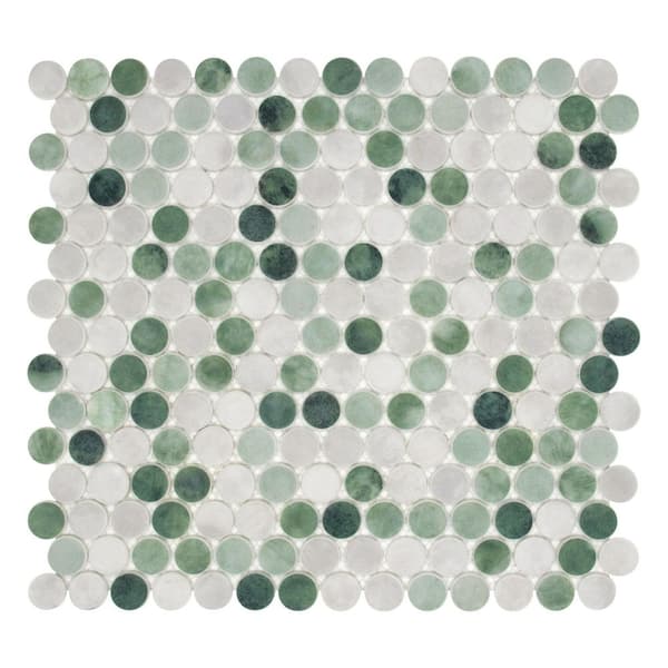 Penny Round Mixed Green 10 in. x 11 in. Recycled Glass Cement Looks Floor and Wall Mosaic Tile (8 sq. ft./Case)