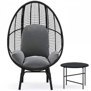 Black Large Wicker Egg Chair Indoor Outdoor Lounge Chair with Side Table and Gray Cushion