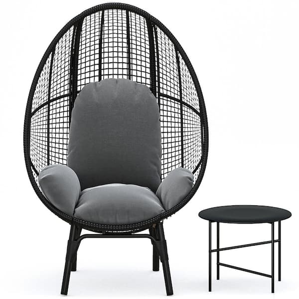 Harper & Bright Designs Black Large Wicker Egg Chair Indoor Outdoor Lounge Chair with Side Table and Gray Cushion