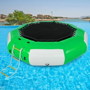 Inflatable Water Trampoline 10 ft. Round Inflatable Water Bouncer with 4-Step Ladder for Water Sports,Green and White