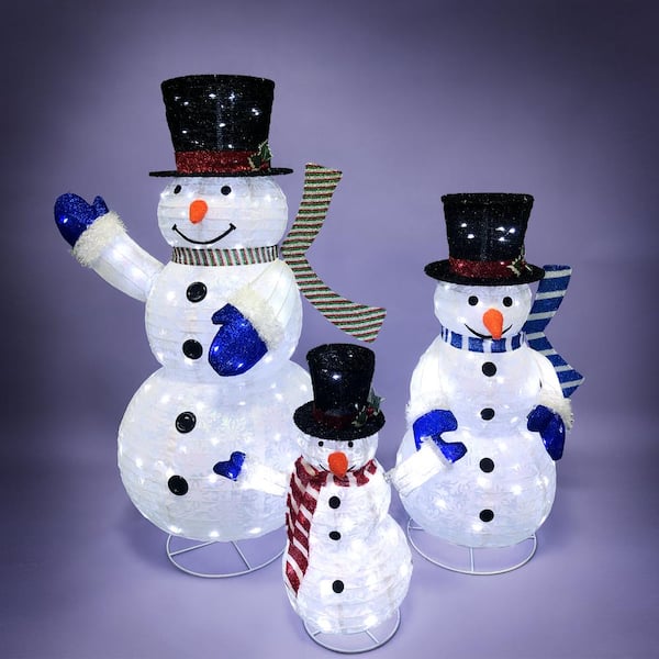 4 ft. Height Metal/Fabric Collapsible Christmas Snowman Yard Lights (Set of 3) with 270 LED Clear Wire 12 Metal Stakes
