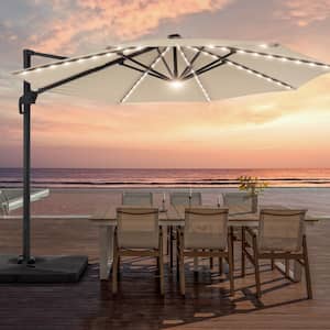 11FT Round Aluminum Frame Outdoor Cantilever LED Umbrella Patio Umbrella 360° Rotation System, Sand