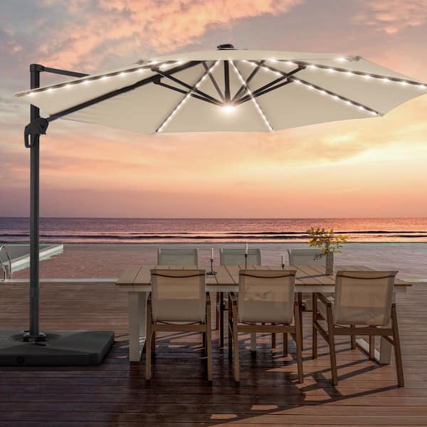JOYESERY 11FT Round Aluminum Frame Outdoor Cantilever LED Umbrella Patio Umbrella 360° Rotation System, Sand