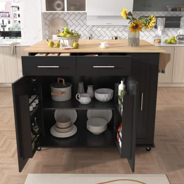 Unbranded Black Wood MDF 46 in. W Rolling Kitchen Island on Wheels with Drop Leaf, Towel Rack and 2-Drawers