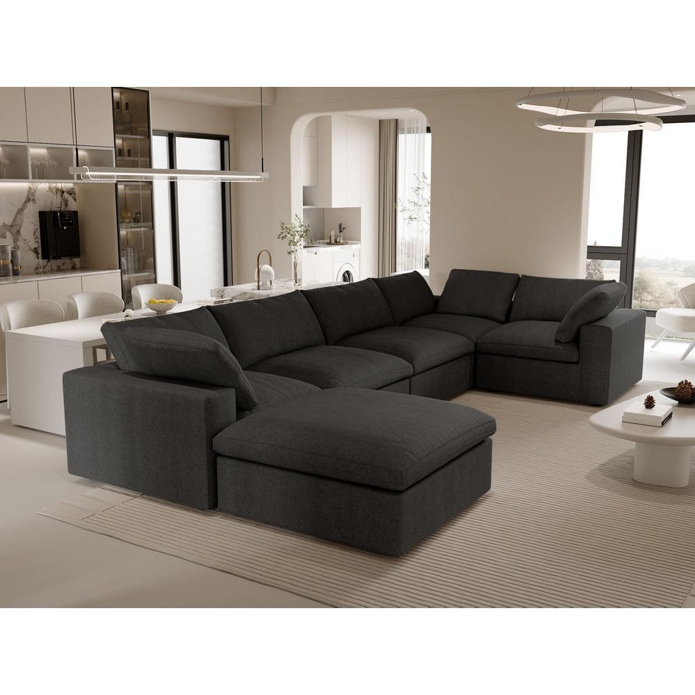 6-Piece 117.9 in. Square Arm Linen Modular Free Combination Sofa with Storage Ottoman in Black