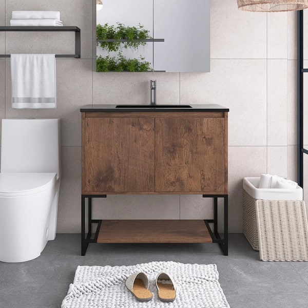 Staykiwi 35.4 in. W x 18.9 in. D x 33.8 in. H Single Sink Freestanding Bath Vanity in Rose Wood with Black Quartz sand Top