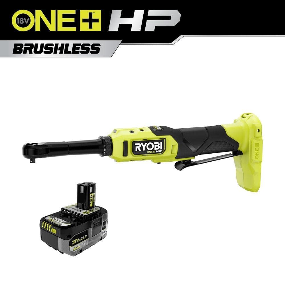 RYOBI ONE+ HP 18V Brushless Cordless 1/4 in. Extended Reach Ratchet with 4.0 Ah Lithium-Ion HIGH PERFORMANCE Battery -  PBLRC01PBP004