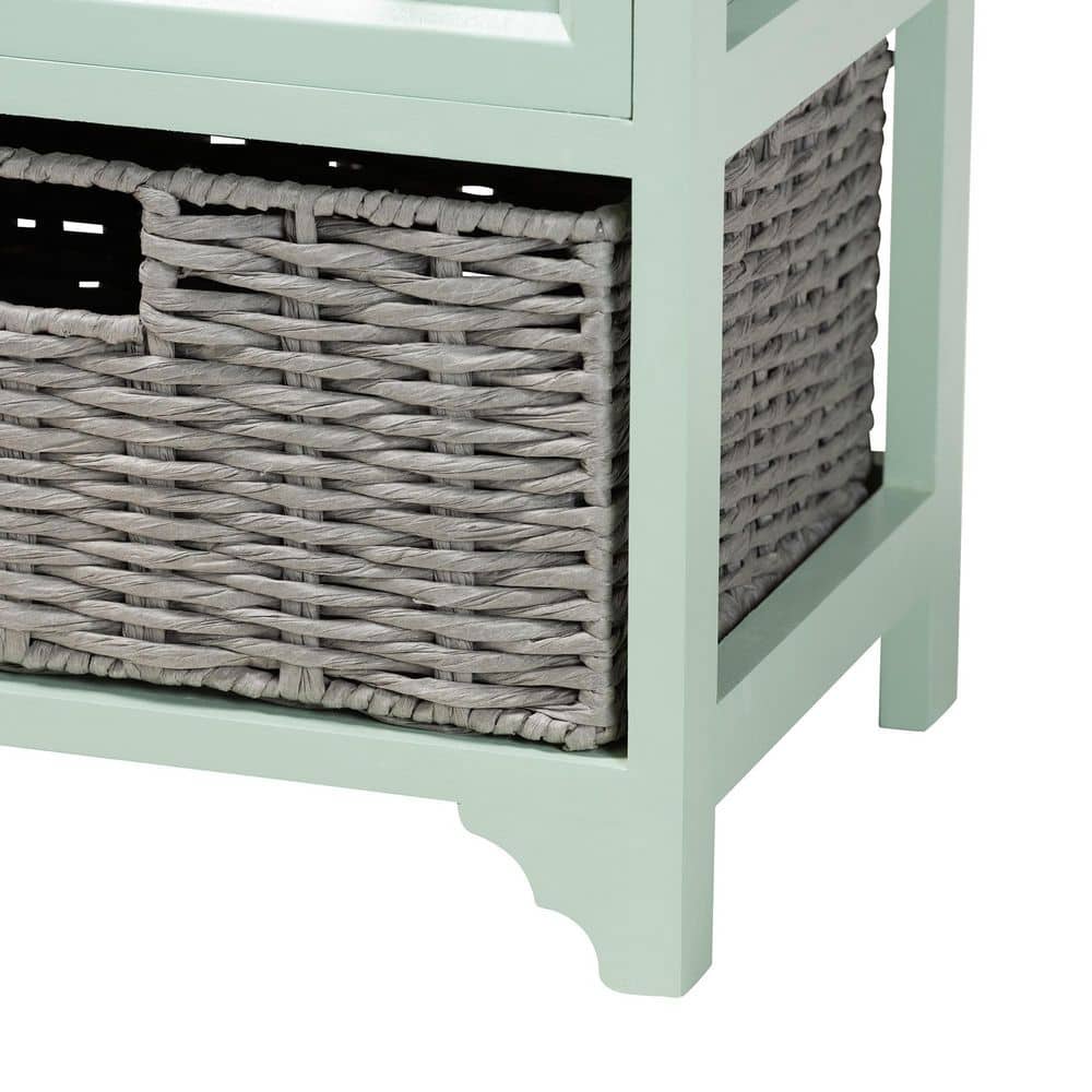 Mint Green and Oak Brown 3-Drawer Storage Unit with Wicker Baskets
