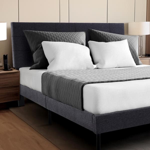 JEAREY Alex Black and Grey Queen Upholstered Platform Bed Frame with Headboard