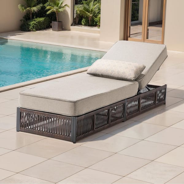 RWoven Brown Wicker Outdoor Chaise Lounge Chairs for Outside Patio Adjustable Backrest Lounger with Beige Cushions