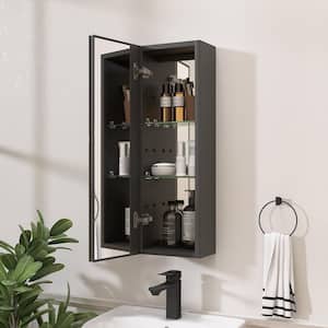 10 in. W x 30 in. H Small Surface Mount Black Rectangular Aluminum Bathroom Medicine Cabinet with Mirror and Shelves