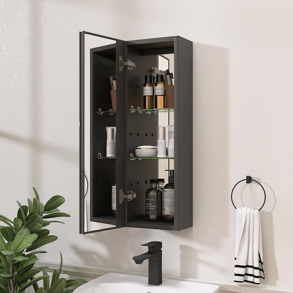 Tynix 10 in. W x 30 in. H Small Surface Mount Black Rectangular Aluminum Bathroom Medicine Cabinet with Mirror
