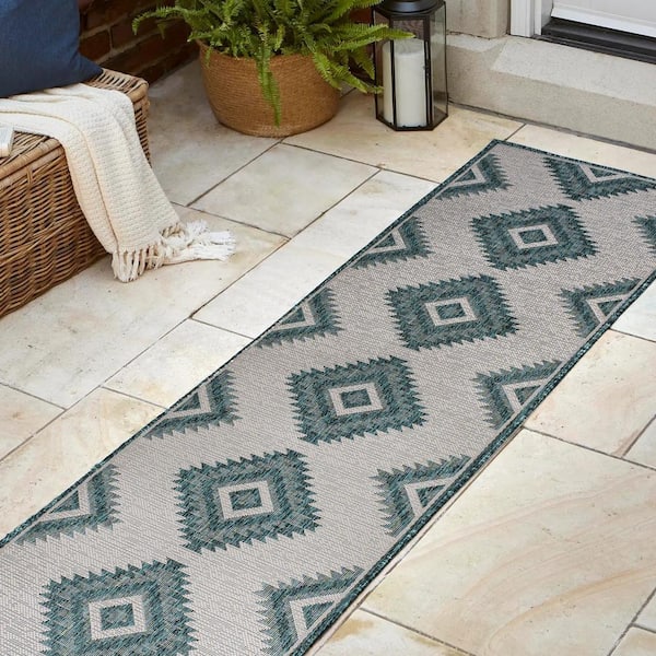 JONATHAN Y Lior Geometric Turquoise/Cream 2 ft. x 8 ft. Moroccan Diamond Indoor/Outdoor Runner Rug