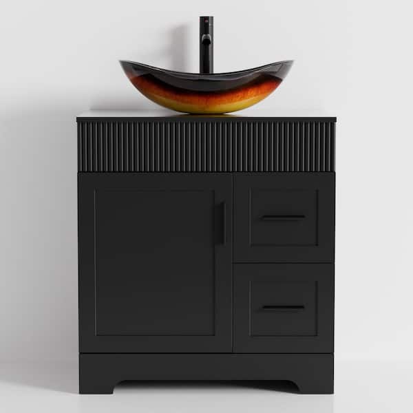 30 in. W x 20 in. D x 32 in. H Single Sink Black Bath Vanity with Brown Oval Glass Vessel Sink Top